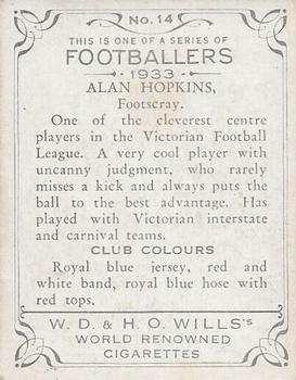 1933 Wills's Victorian Footballers (Large) #14 Allan Hopkins Back